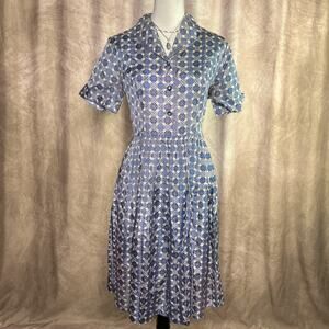 Vintage 60s Geometric Diamond Satin Shirt Waist Swing Dress Blue Mod Retro